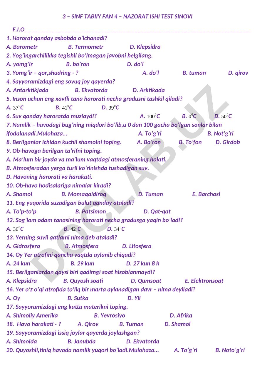 3-sinf tabiiy fan 4-nazorat ishi test sinovi
