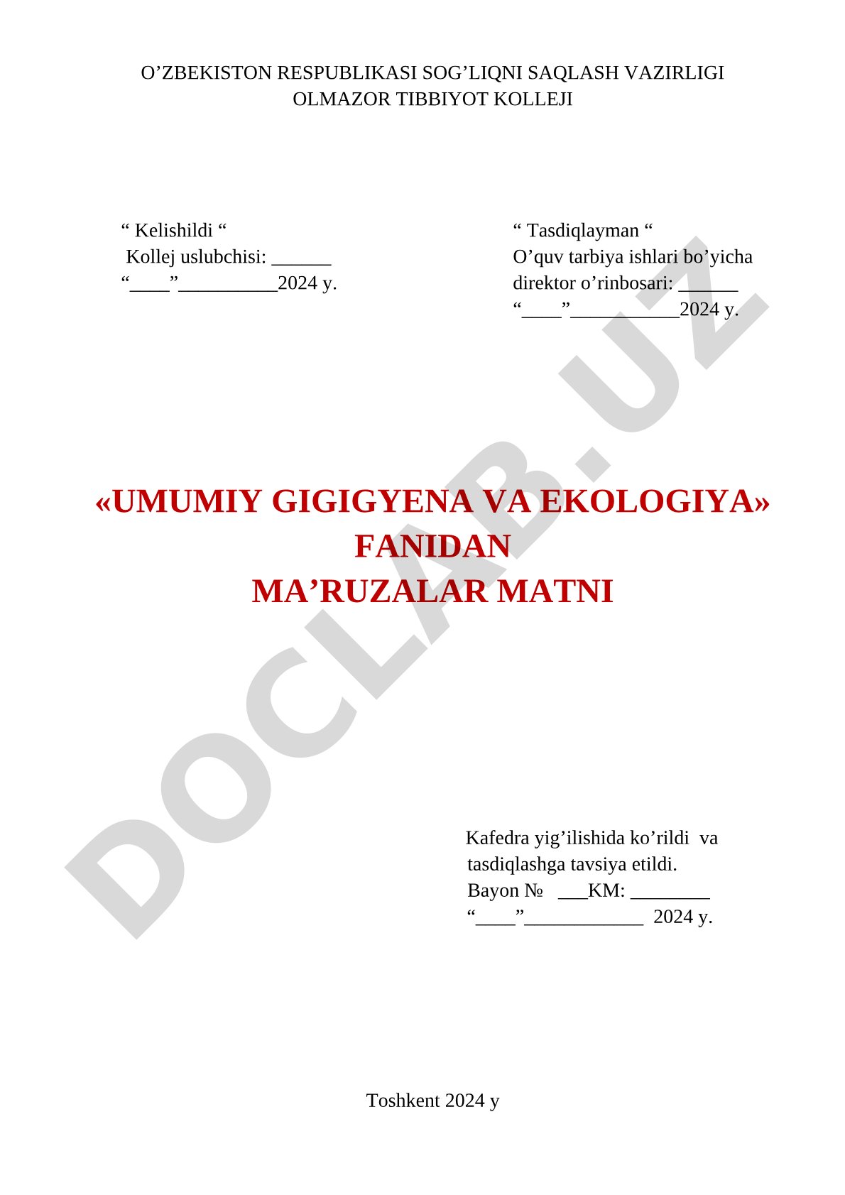 Umumiy gigiyena va ekologiya fanidan ma'ruzalar matni