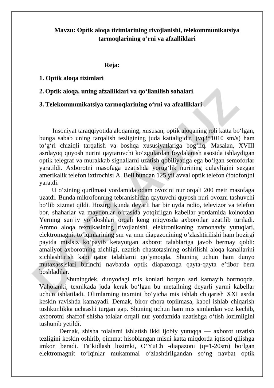 Optik aloqa tizimlarining rivojlanishi, telekommunikatsiya tarmoqlarining o’rni va afzalliklari