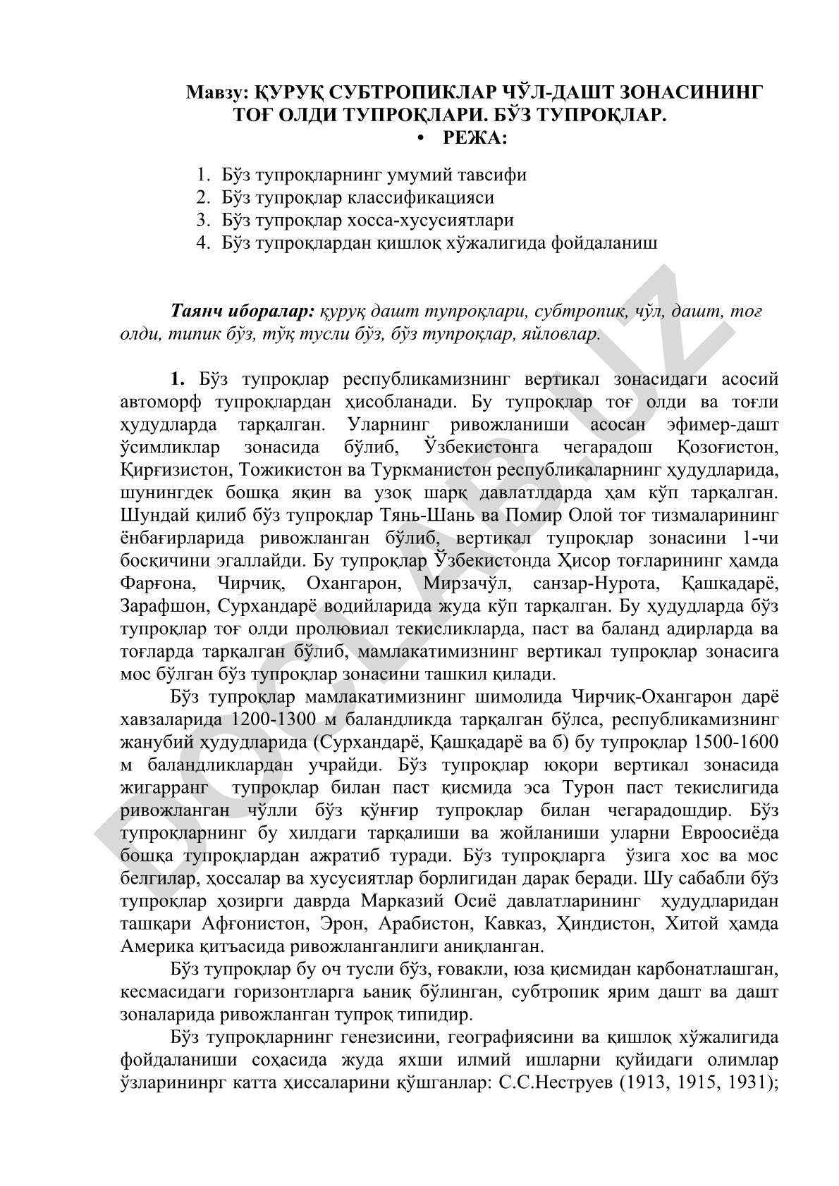 ҚУРУҚ СУБТРОПИКЛАР ЧЎЛ-ДАШТ ЗОНАСИНИНГ ТОҒ ОЛДИ ТУПРОҚЛАРИ. БЎЗ ТУПРОҚЛАР