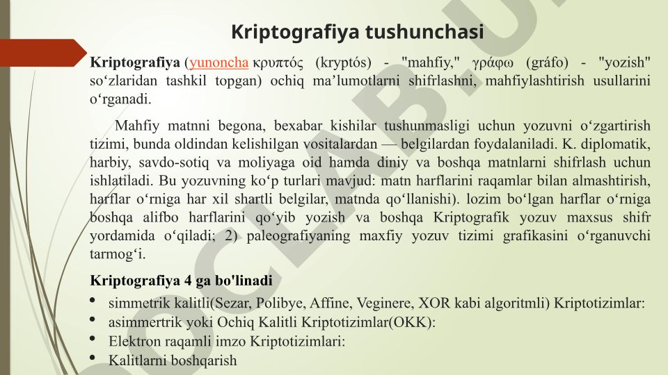 Kriptografiya tushunchasi va turlari