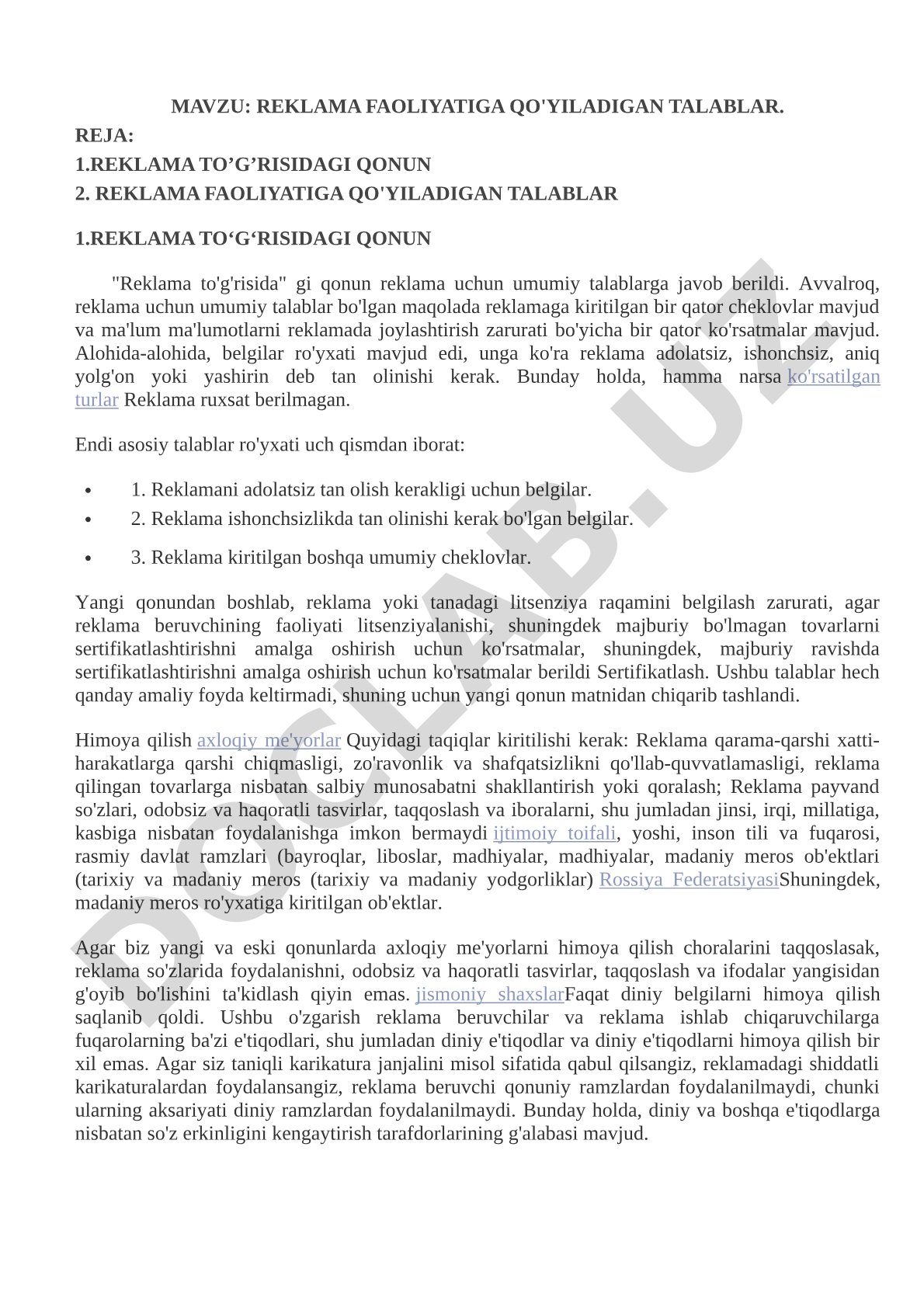 REKLAMA FAOLIYATIGA QO'YILADIGAN TALABLAR