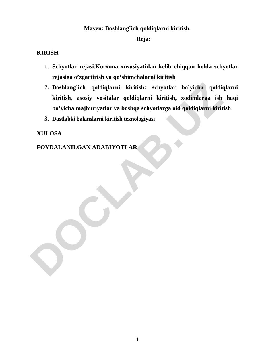 Boshlang’ich qoldiqlarni kiritish