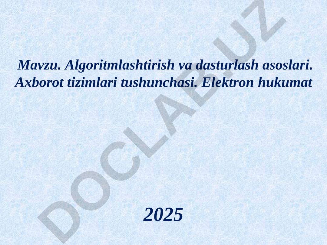 Algoritmlashtirish va dasturlash asoslari. Axborot tizimlari tushunchasi. Elektron hukumat 2025