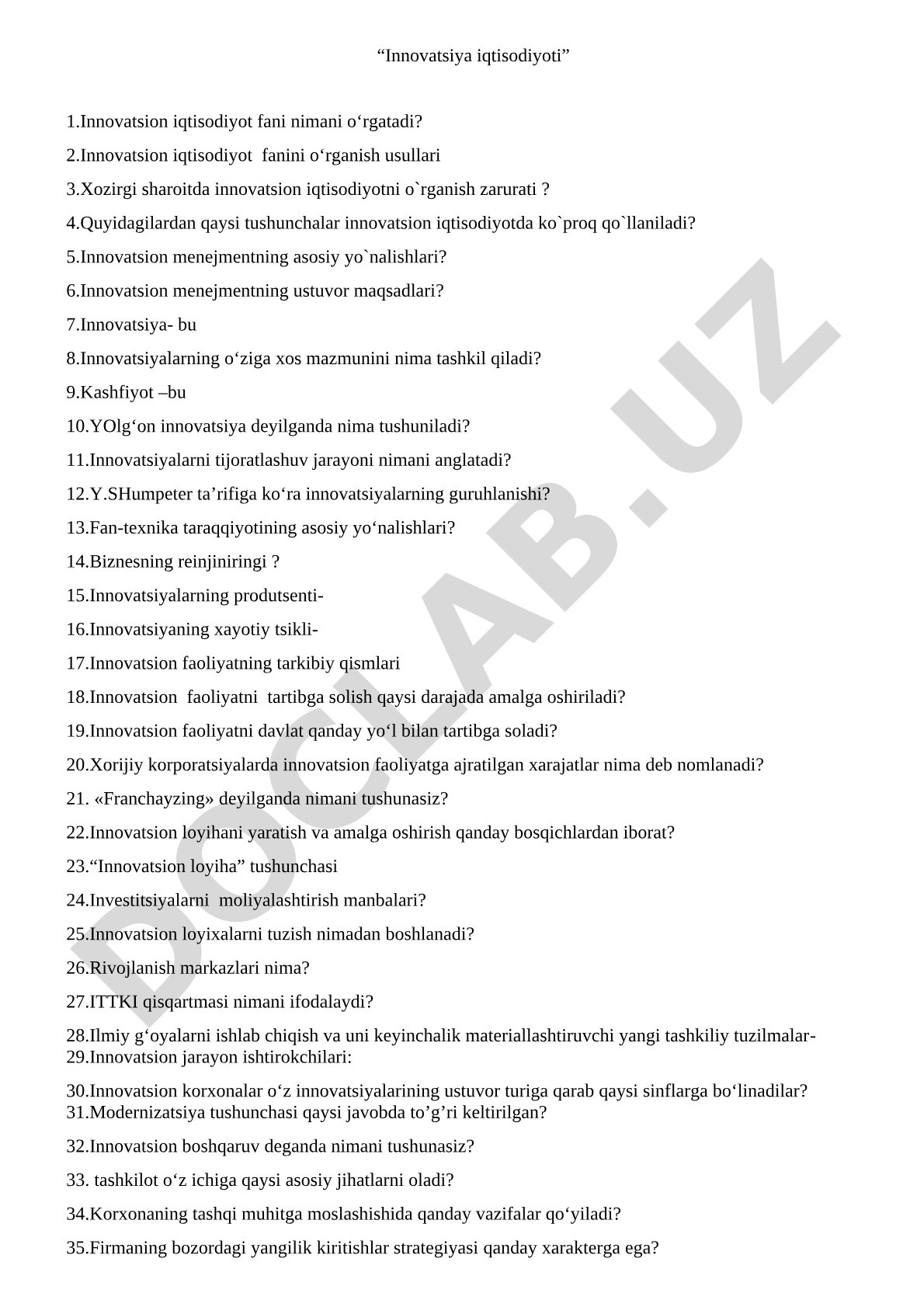 Innovatsion iqtisodiyot fanining asosiy tushunchalari va yo'nalishlari