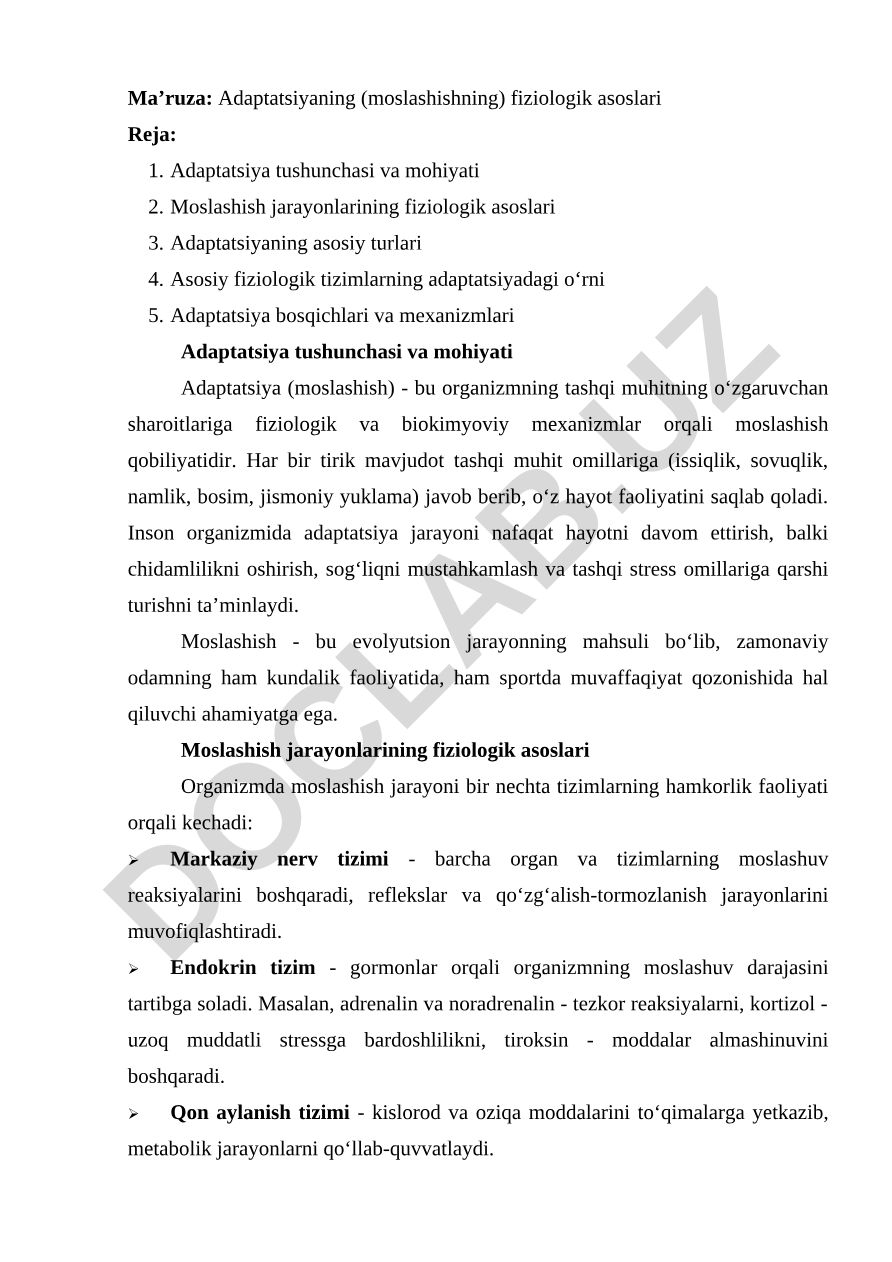 Adaptatsiyaning (moslashishning) fiziologik asoslari