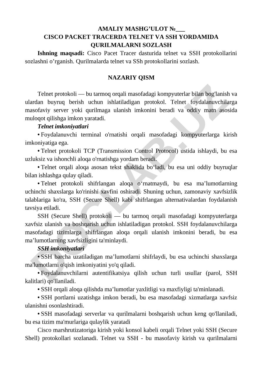 Cisco Packet Tracerda Telnet va SSH yordamida qurilmalarni sozlash