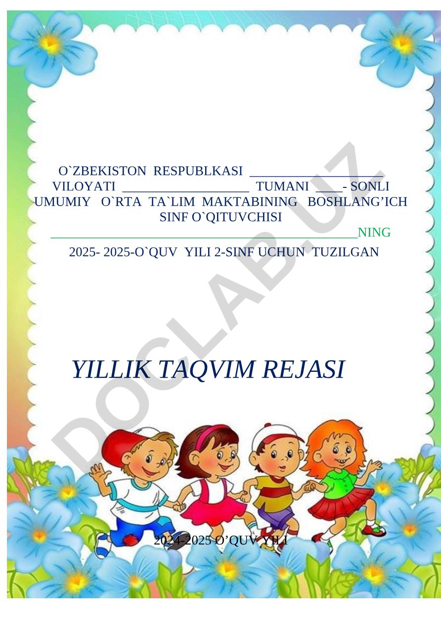 2-sinf uchun yillik taqvim rejasi