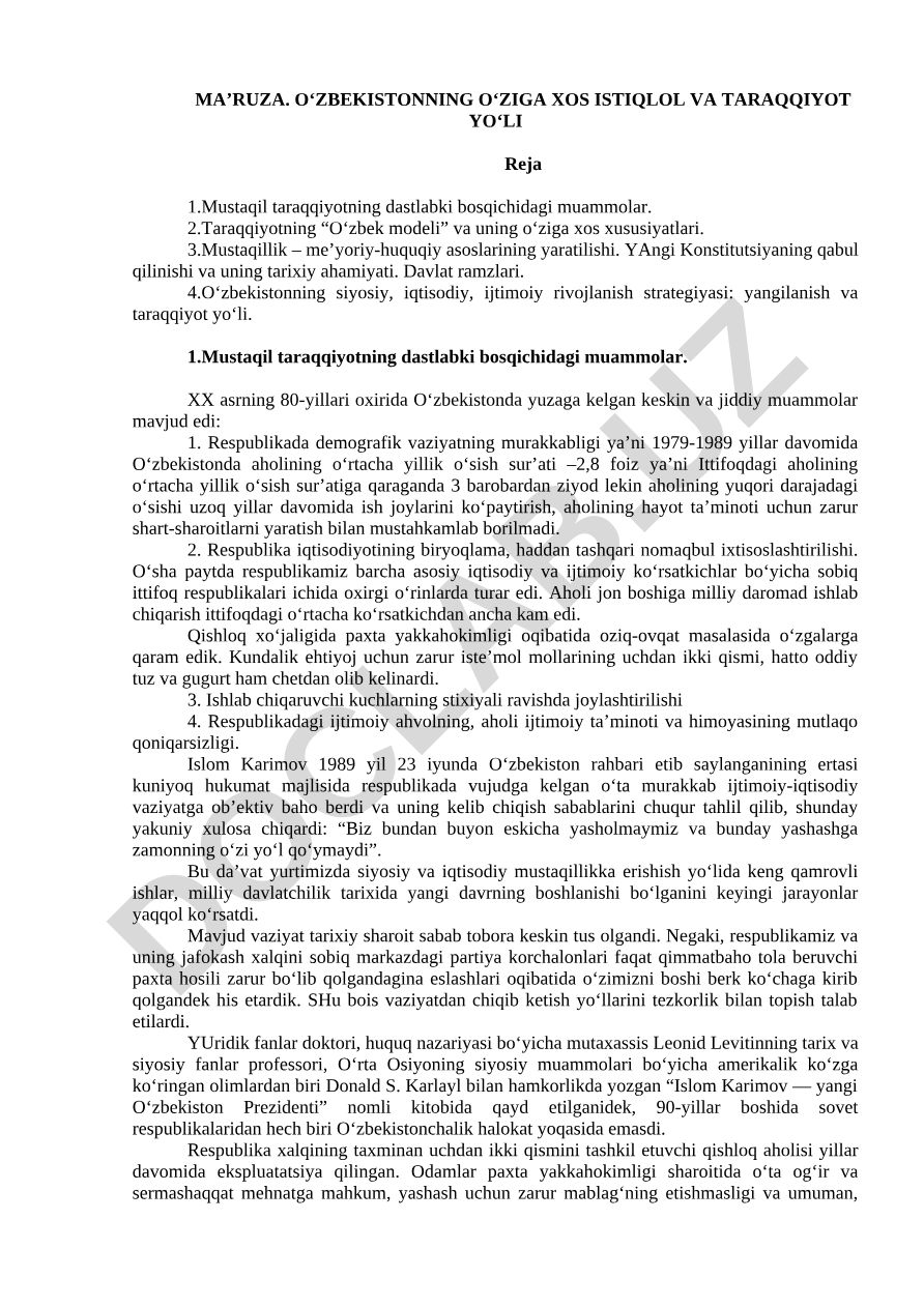 O‘zbekistonning o‘ziga xos istiqlol va taraqqiyot yo‘li