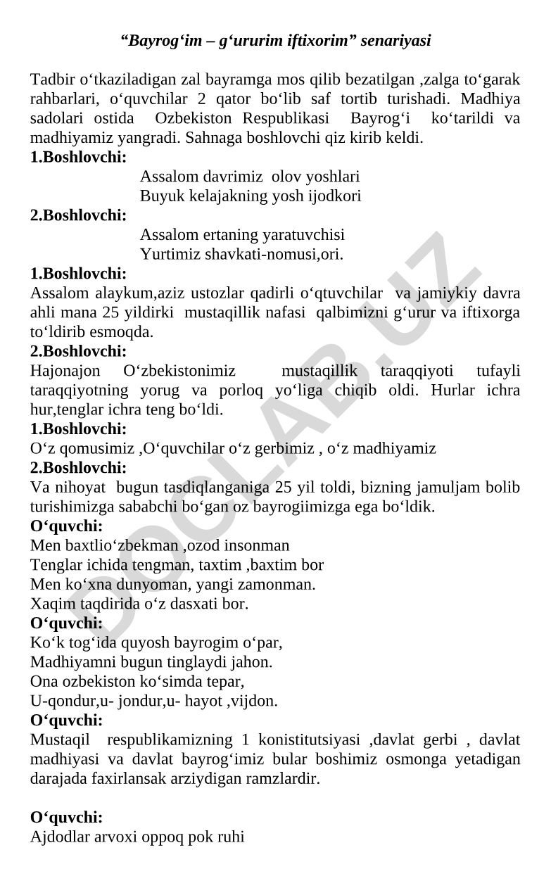 Bayrog‘im – g‘ururim iftixorim senariyasi