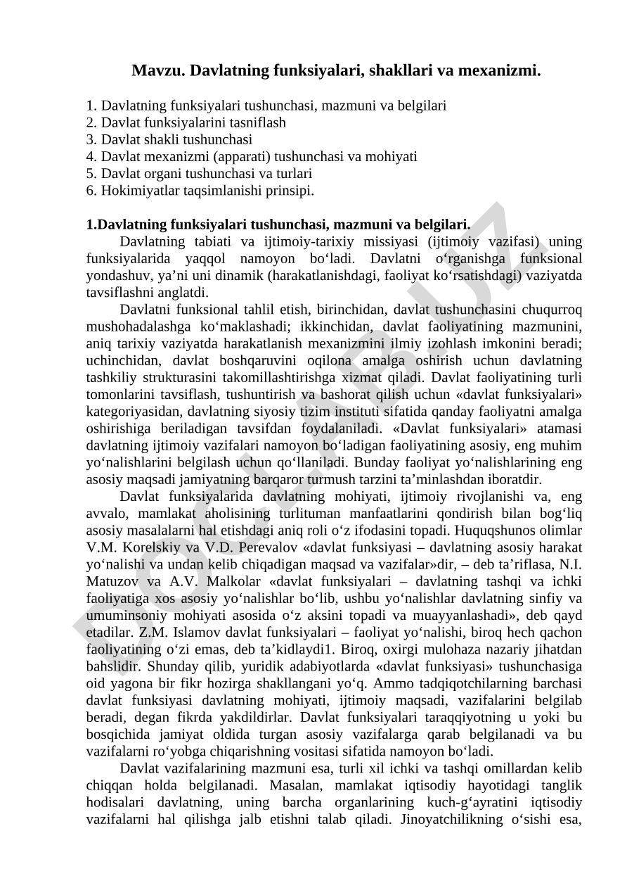 Davlatning funksiyalari, shakllari va mexanizmi