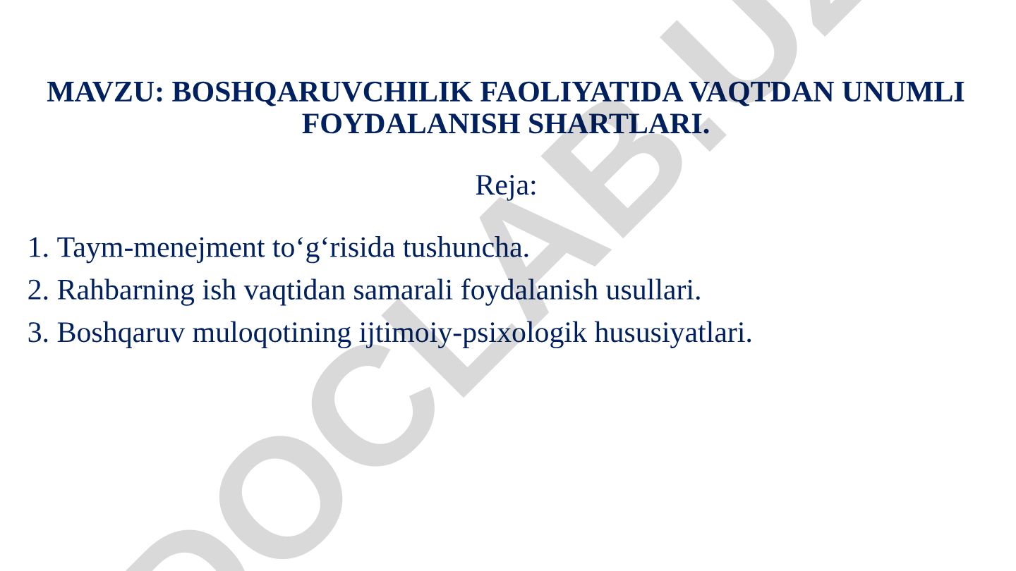 Boshqaruvchilik faoliyatida vaqtdan unumli foydalanish shartlari
