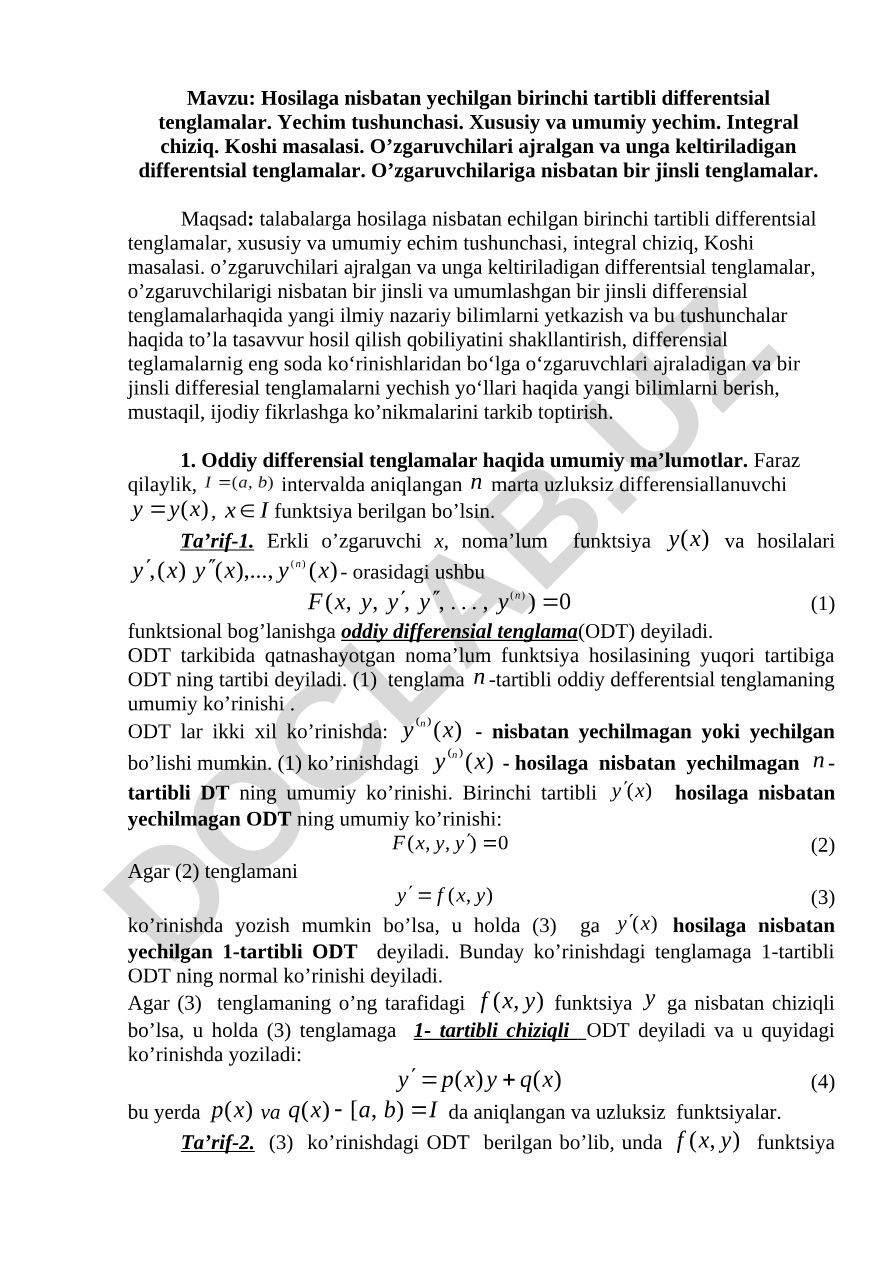 Hоsilaga nisbatan yеchilgan birinchi tartibli diffеrеntsial tеnglamalar