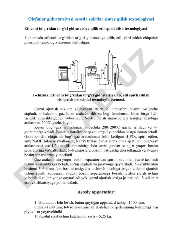 Etilenni to'g'ridan to'g'ri gidratatsiya qilib etil spirti olish texnologiyasi