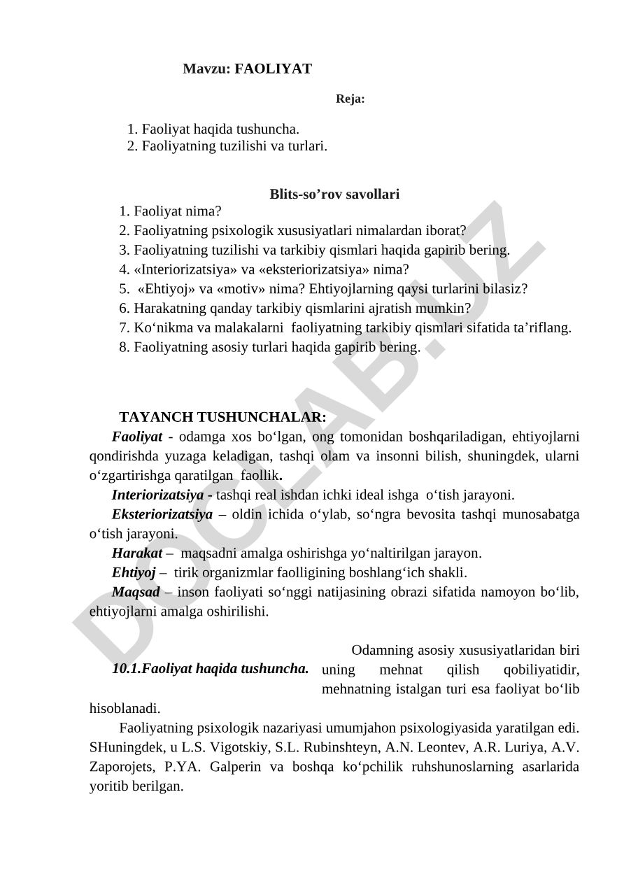 Faoliyat haqida tushuncha, tuzilishi va turlari