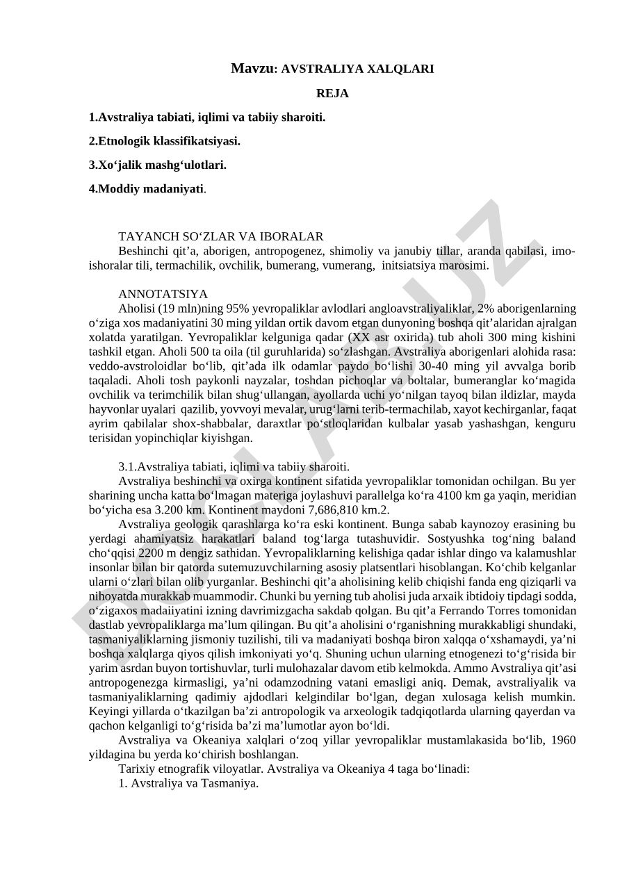 AVSTRALIYA XALQLARI REJA