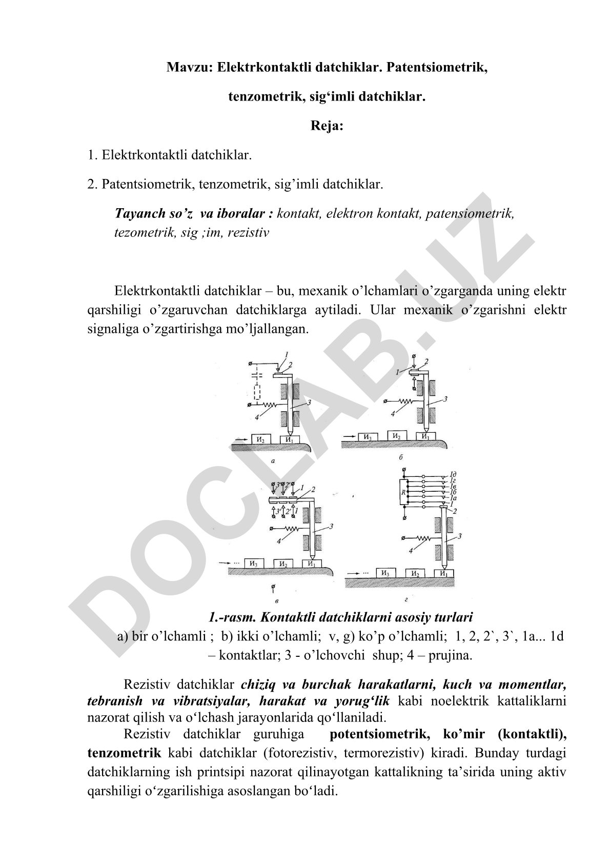 Elektrkontaktli datchiklar. Patentsiometrik, tenzometrik, sig‘imli datchiklar