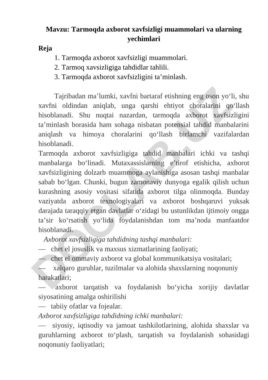 Tarmoqda axborot xavfsizligi muammolari va ularning yechimlari