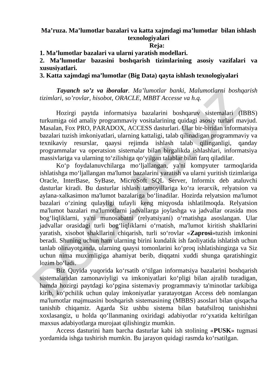 Ma’lumotlar bazalari va katta xajmdagi ma’lumotlar bilan ishlash texnologiyalari