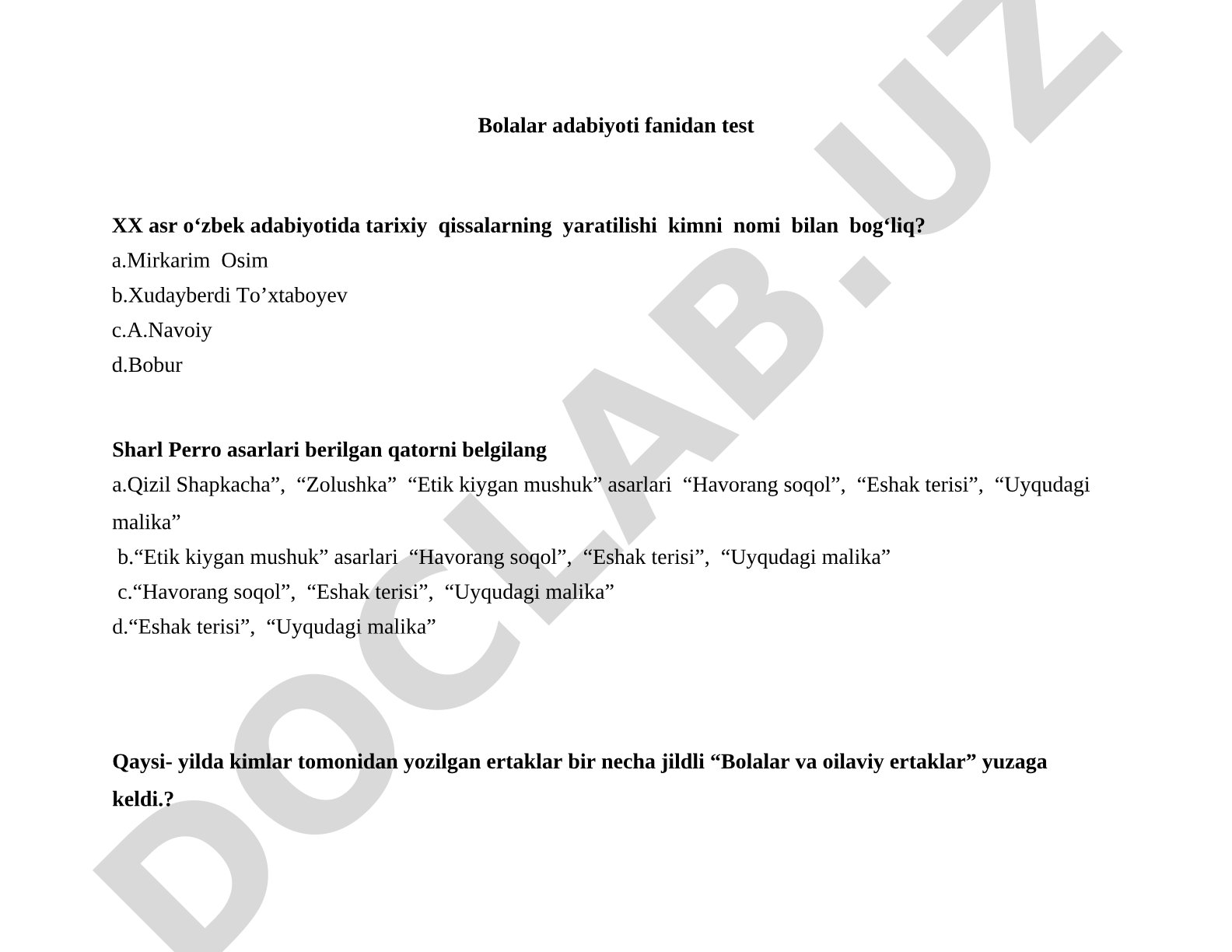 XX asr oʻzbek adabiyotida tarixiy qissalar va bolalar adabiyoti testi
