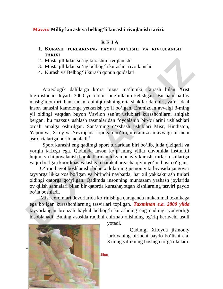 Milliy kurash va belbog‘li kurashi rivojlanish tarixi