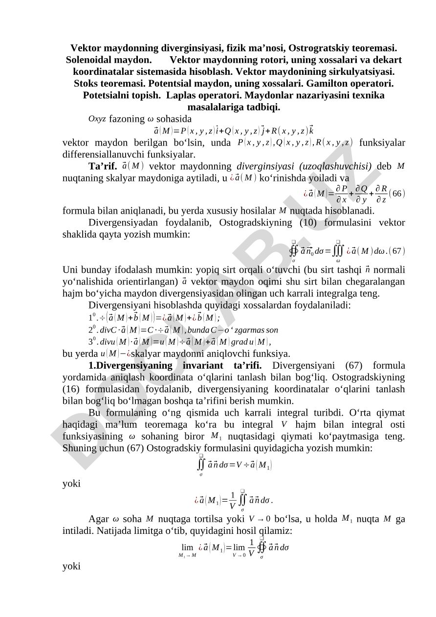Vektor maydonning divergensiyasi, rotori va potensial maydonlar