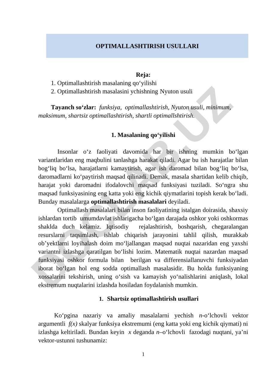 Optimallashtirish masalalarini yechishning Nyuton usuli