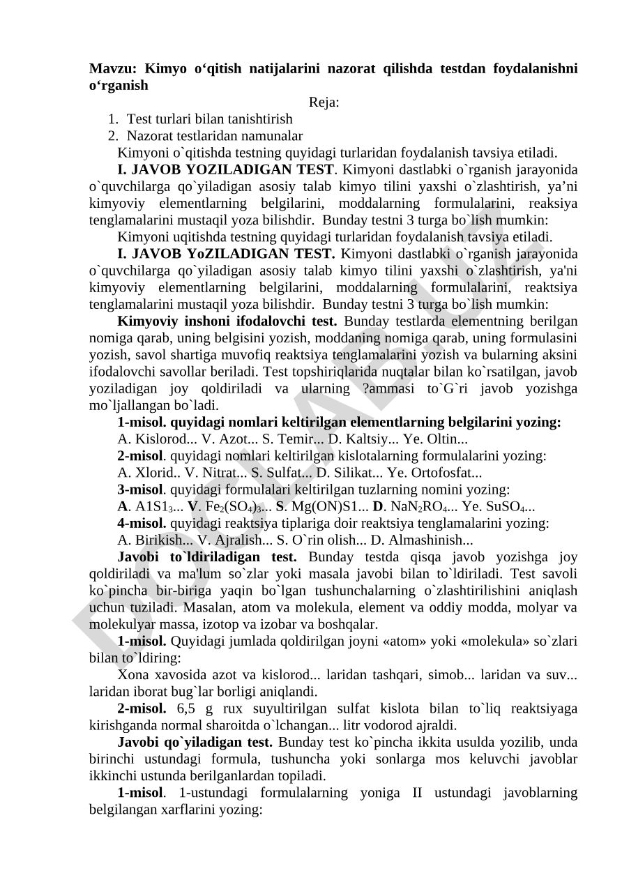 Kimyo o‘qitish natijalarini nazorat qilishda testdan foydalanishni o‘rganish
