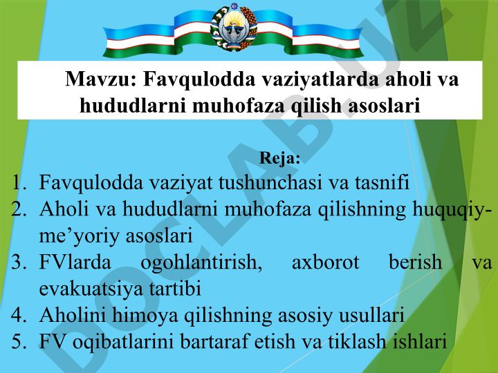 Favqulodda vaziyatlarda aholi va hududlarni muhofaza qilish asoslari