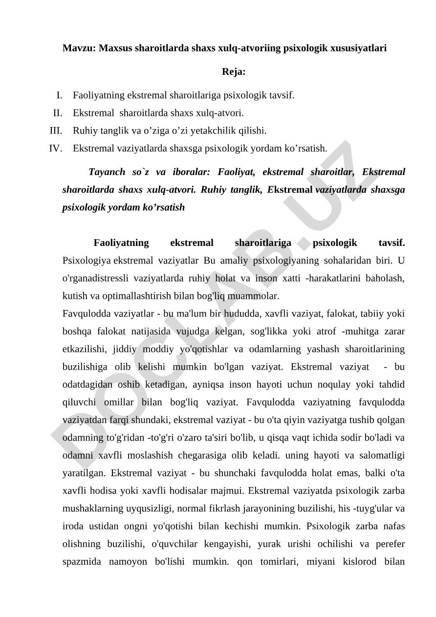 Maxsus sharoitlarda shaxs xulq-atvorining psixologik xususiyatlari