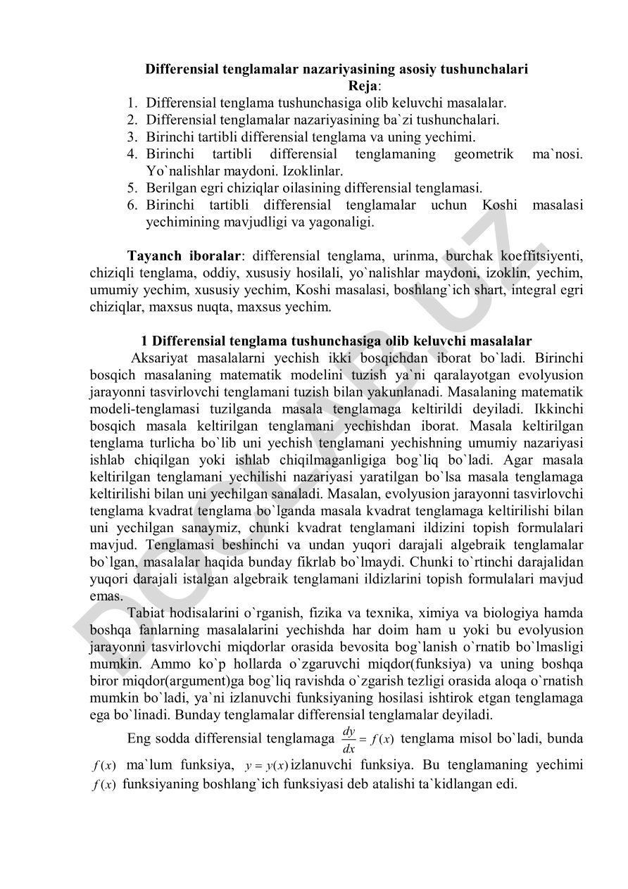 Differensial tenglamalar nazariyasining asosiy tushunchalari
