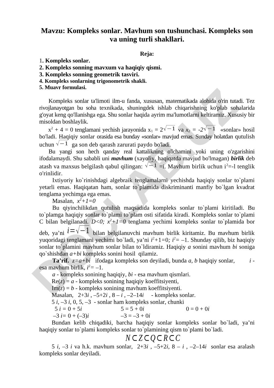 Kompleks sonlar. Mavhum son tushunchasi. Kompleks son va uning turli shakllari