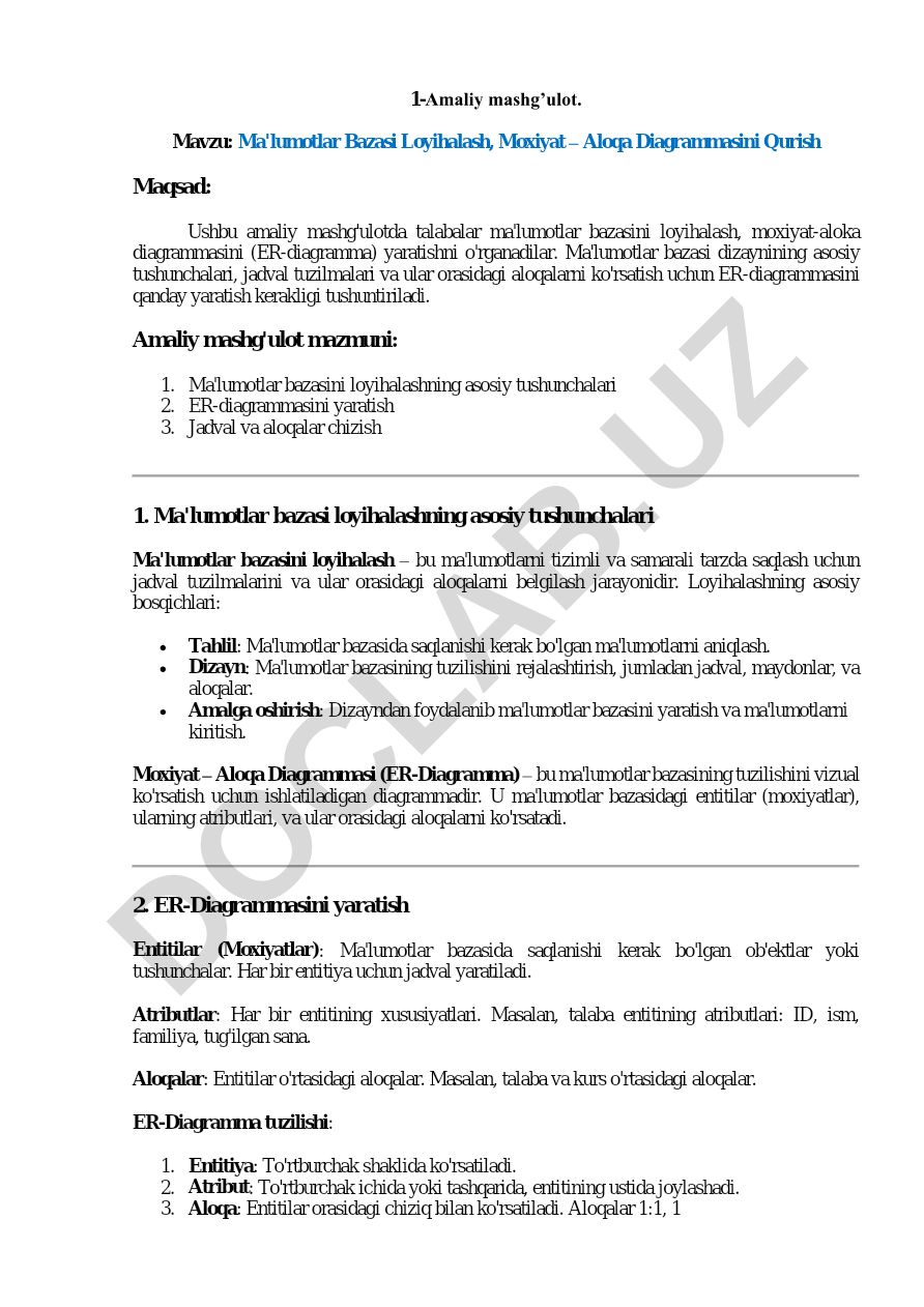 Ma'lumotlar Bazasi Loyihalash, Moxiyat – Aloqa Diagrammasini Qurish
