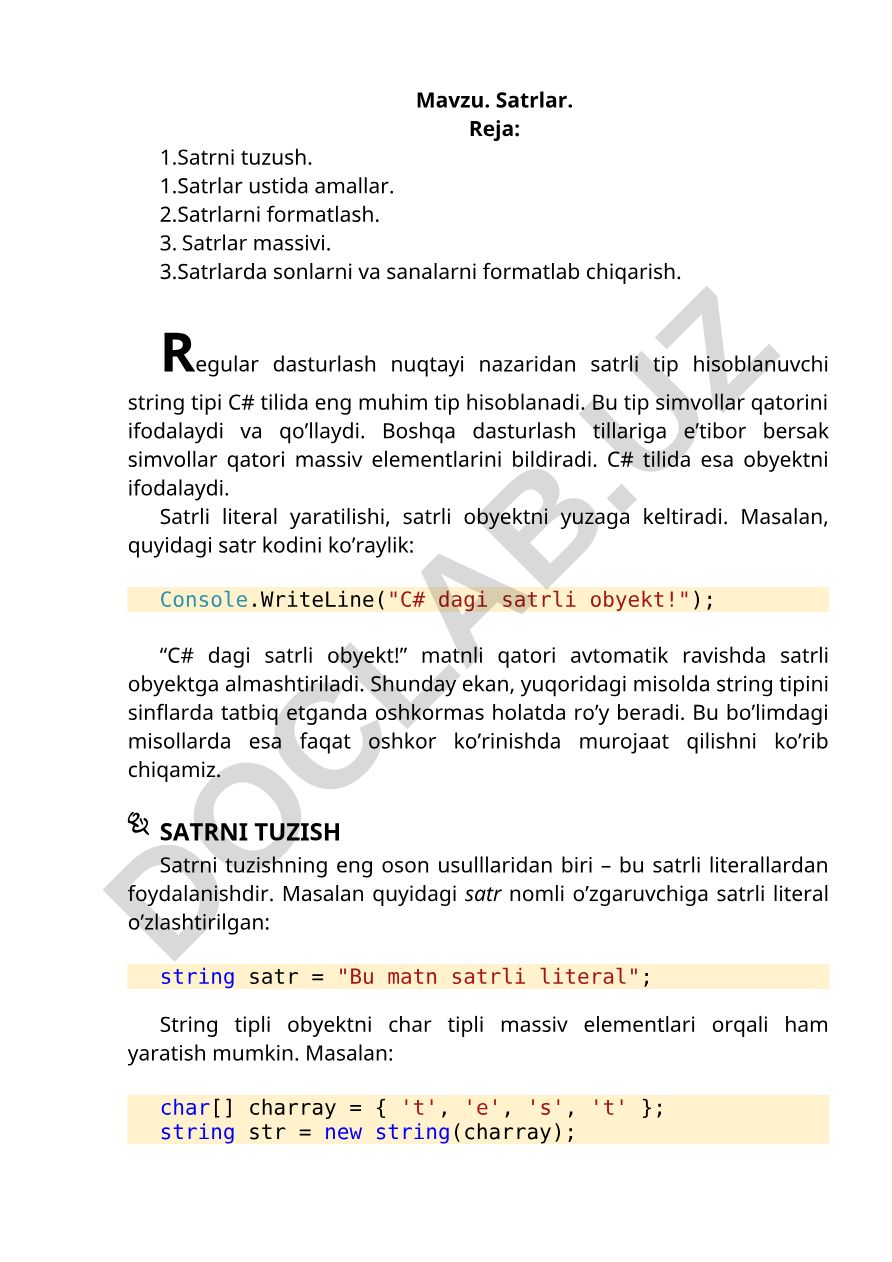 C# tilida satrlar va ular bilan ishlash