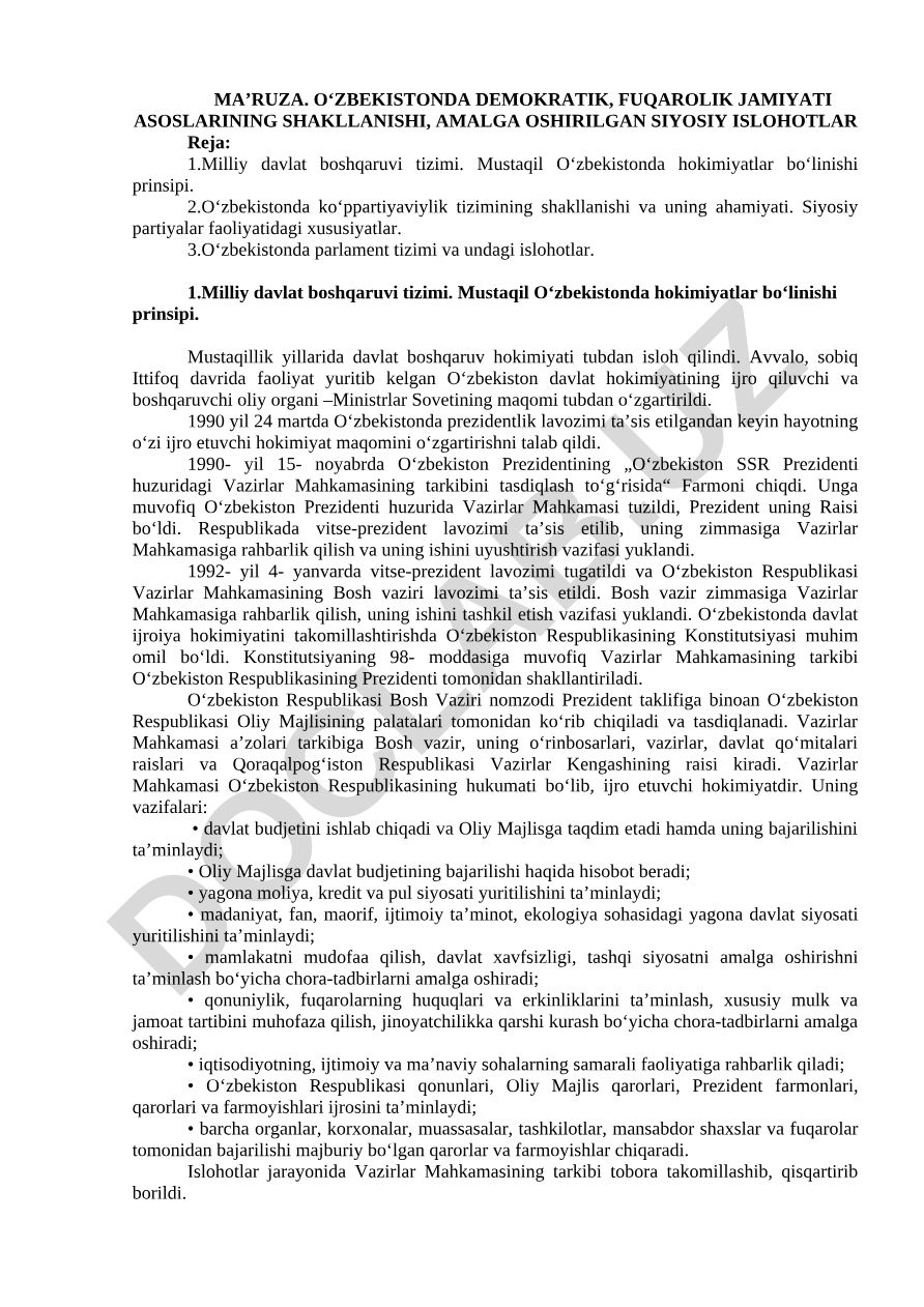 O‘zbekistonda demokratik, fuqarolik jamiyati asoslarining shakllanishi va siyosiy islohotlar