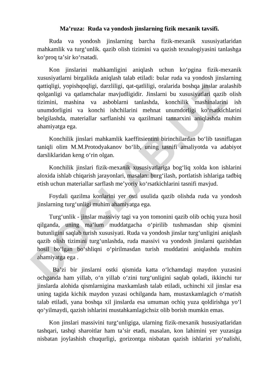 Ruda va yondosh jinslarning fizik mexanik tavsifi