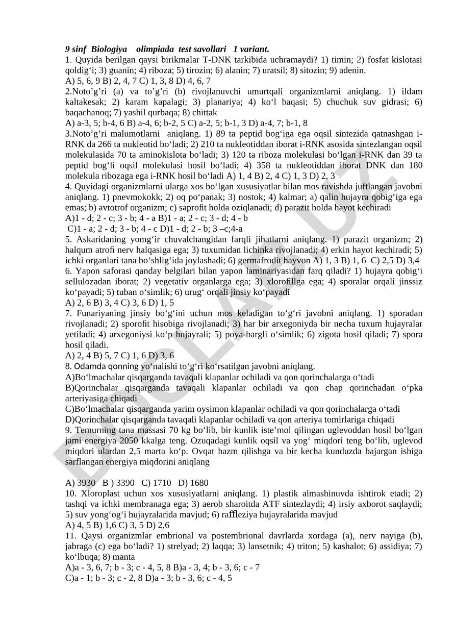 9-sinf Biologiya olimpiada test savollari 1-variant