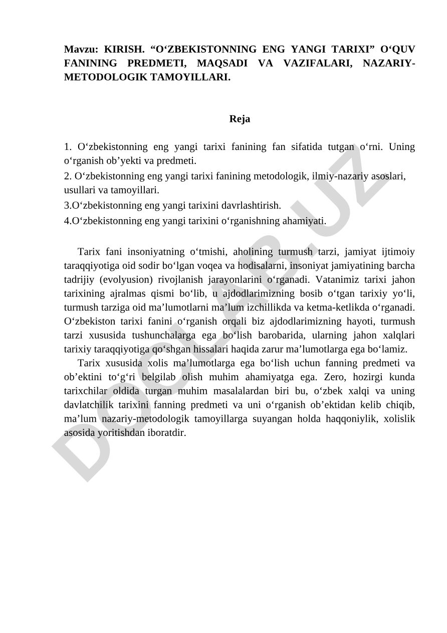 KIRISH. “O‘ZBEKISTONNING ENG YANGI TARIXI” O‘QUV FANINING PREDMETI, MAQSADI VA VAZIFALARI, NAZARIY-METODOLOGIK TAMOYILLARI