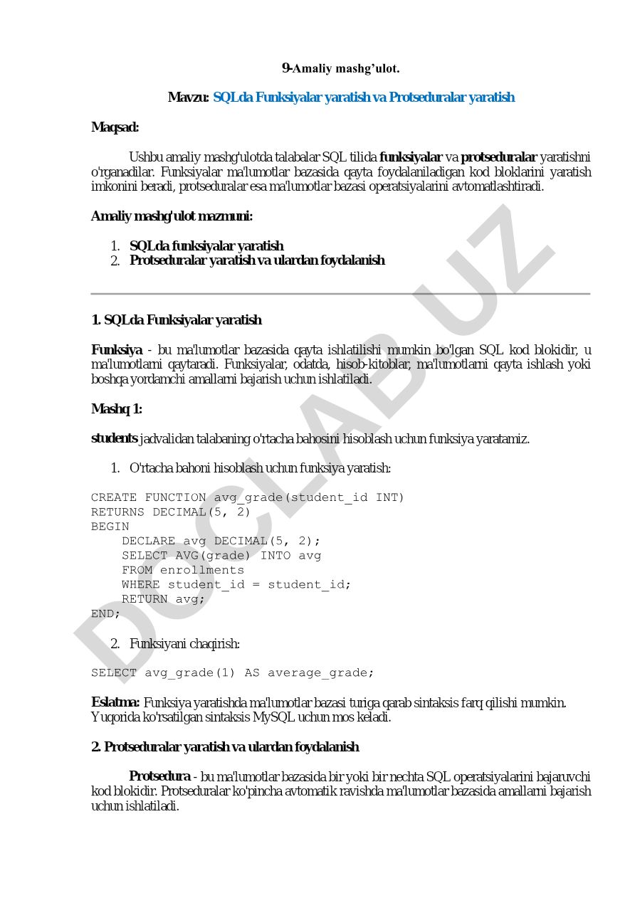 SQLda Funksiyalar yaratish va Protseduralar yaratish