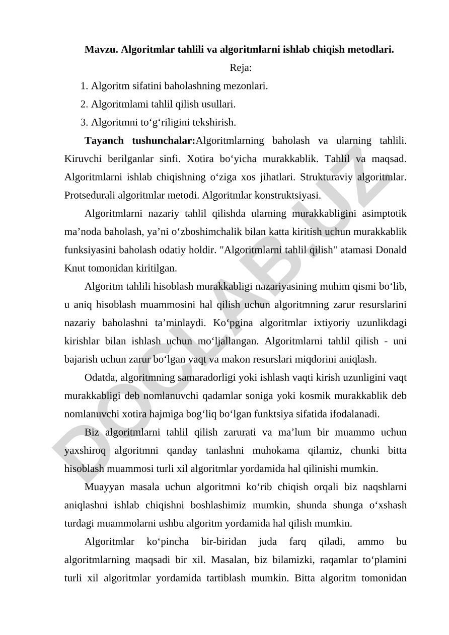 Algoritmlar tahlili va algoritmlarni ishlab chiqish metodlari