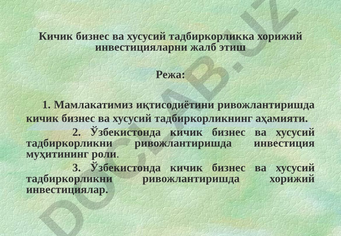 Кичик бизнес ва хусусий тадбиркорликка хорижий инвестицияларни жалб этиш