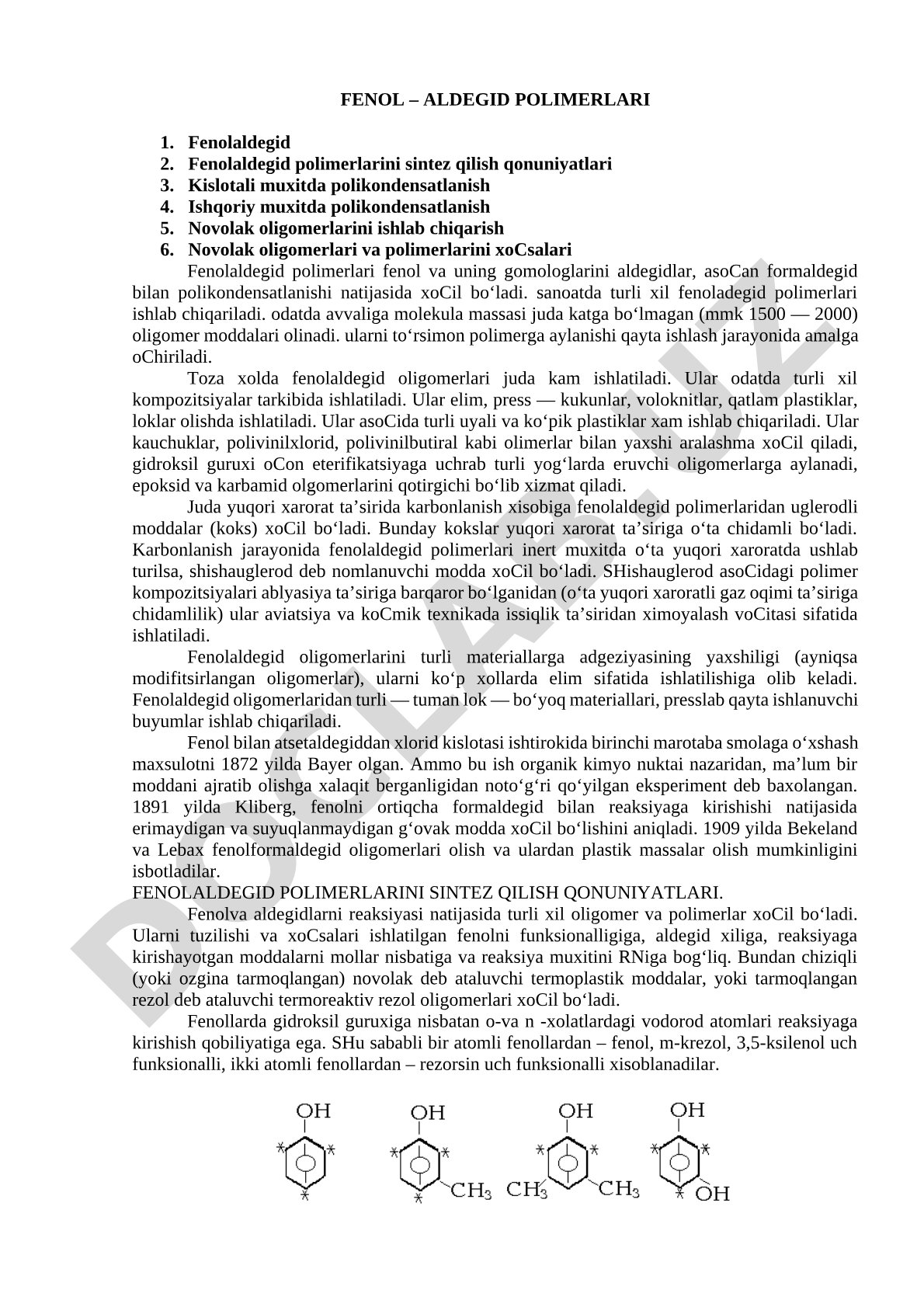 Fenol-aldegid polimerlari sintezi va xossalari