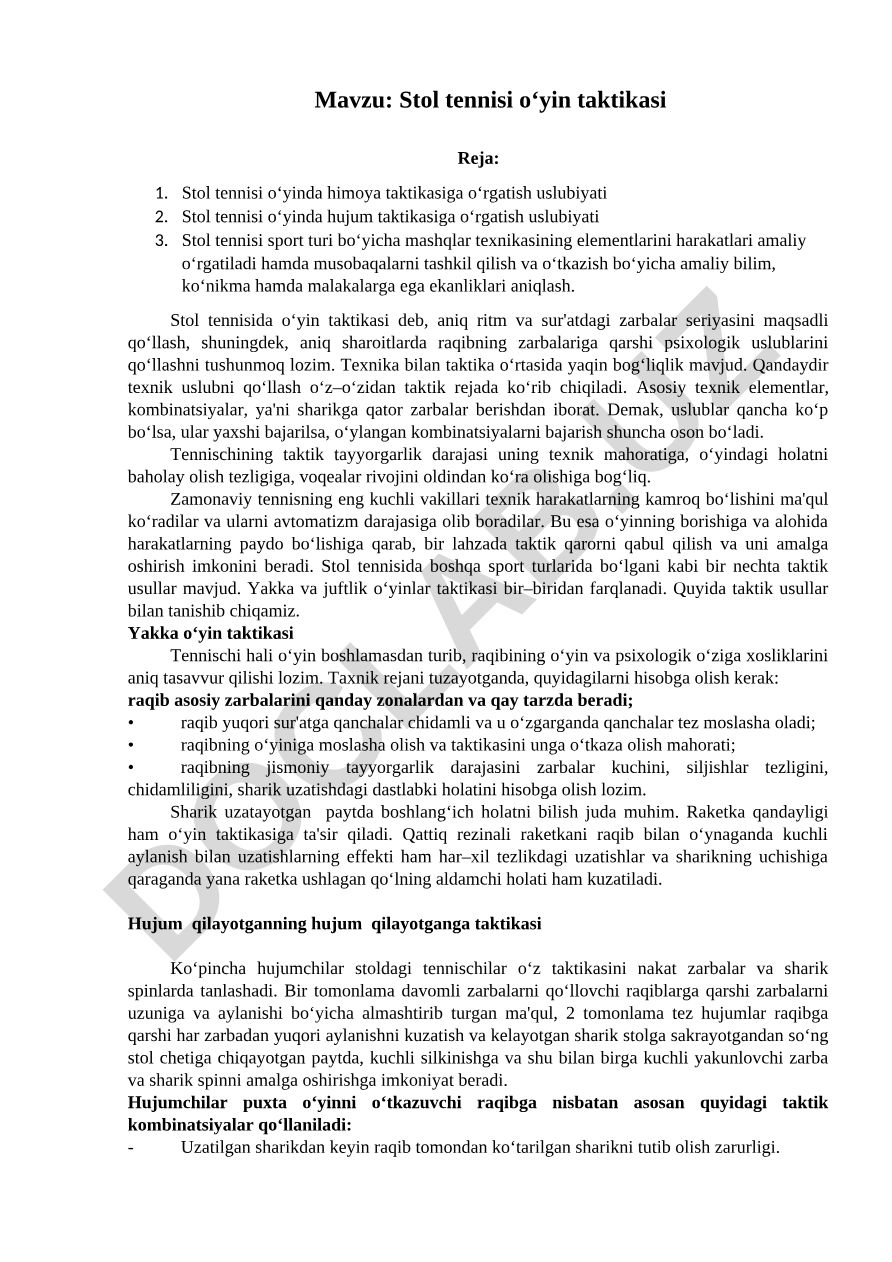 Stol tennisi o‘yin taktikasi