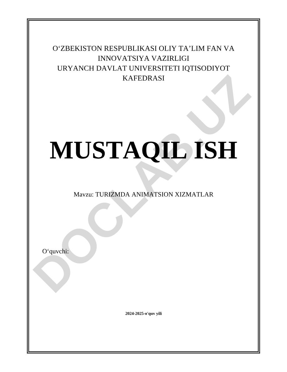 Turizmda animatsion xizmatlar
