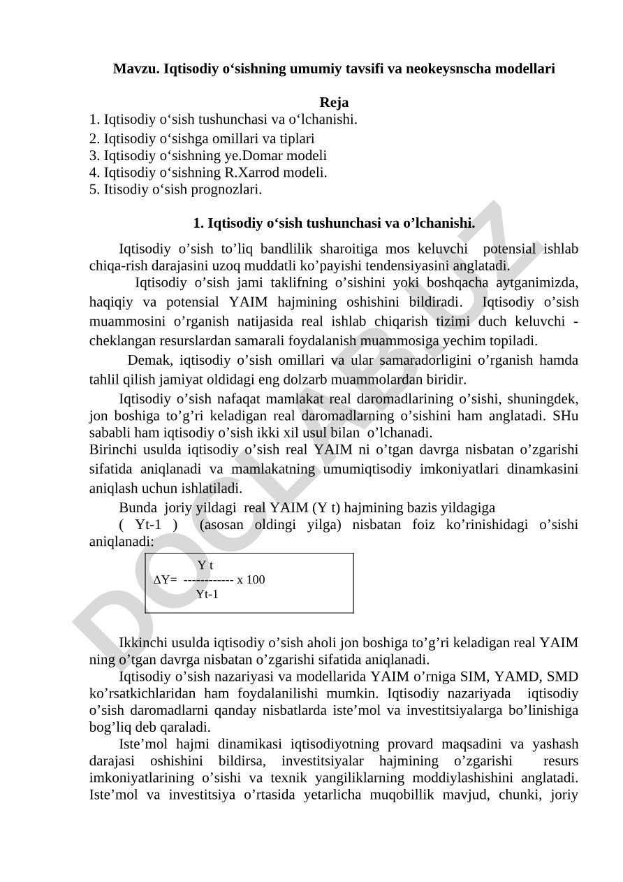 Iqtisodiy o‘sishning umumiy tavsifi va neokeysnscha modellari