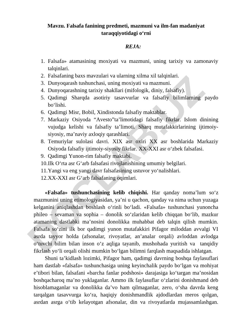 Falsafa fanining predmeti, mazmuni va ilm-fan madaniyat taraqqiyotidagi o‘rni