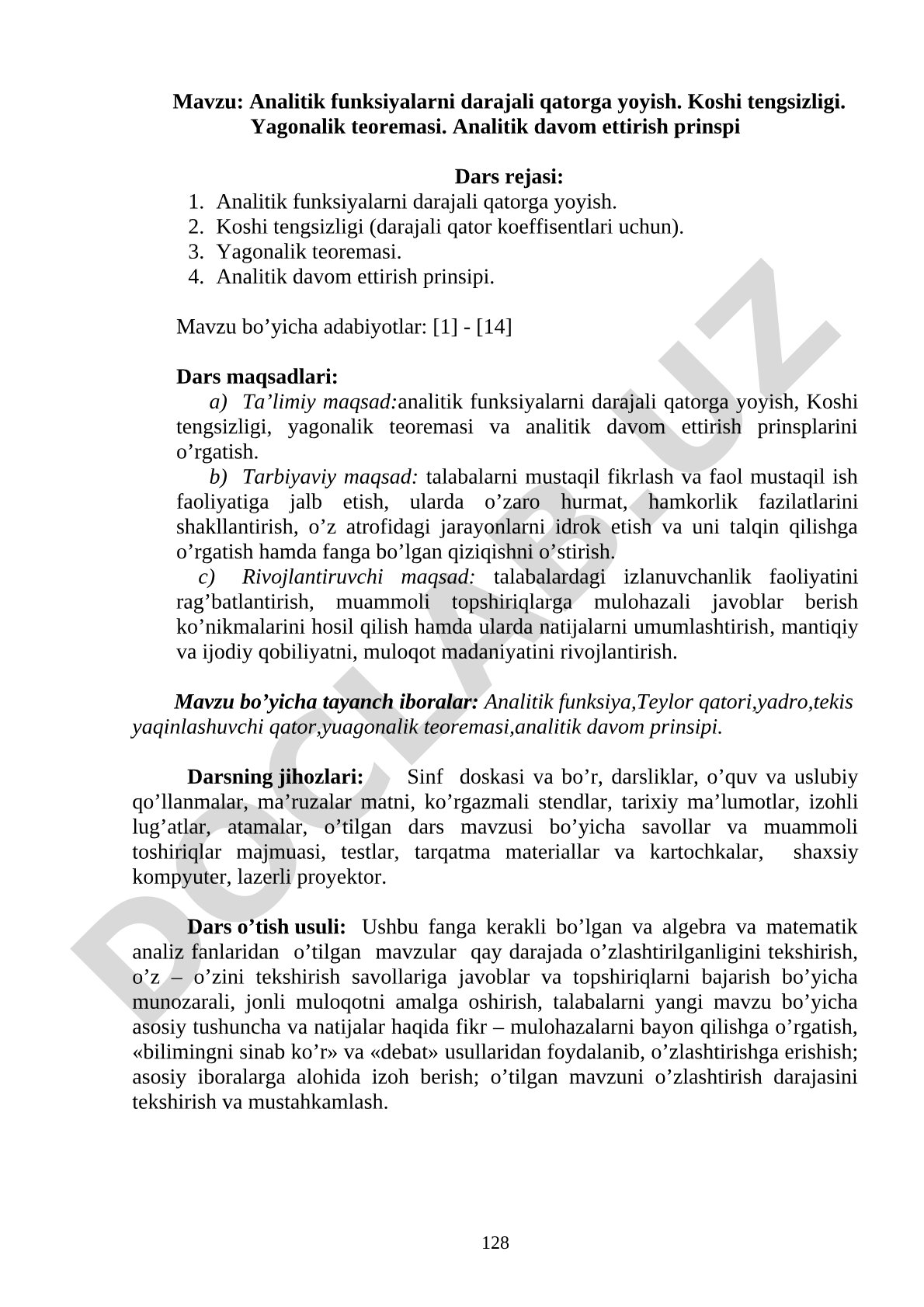 Analitik funksiyalarni darajali qatorga yoyish. Koshi tengsizligi. Yagonalik teoremasi. Analitik davom ettirish prinsipi
