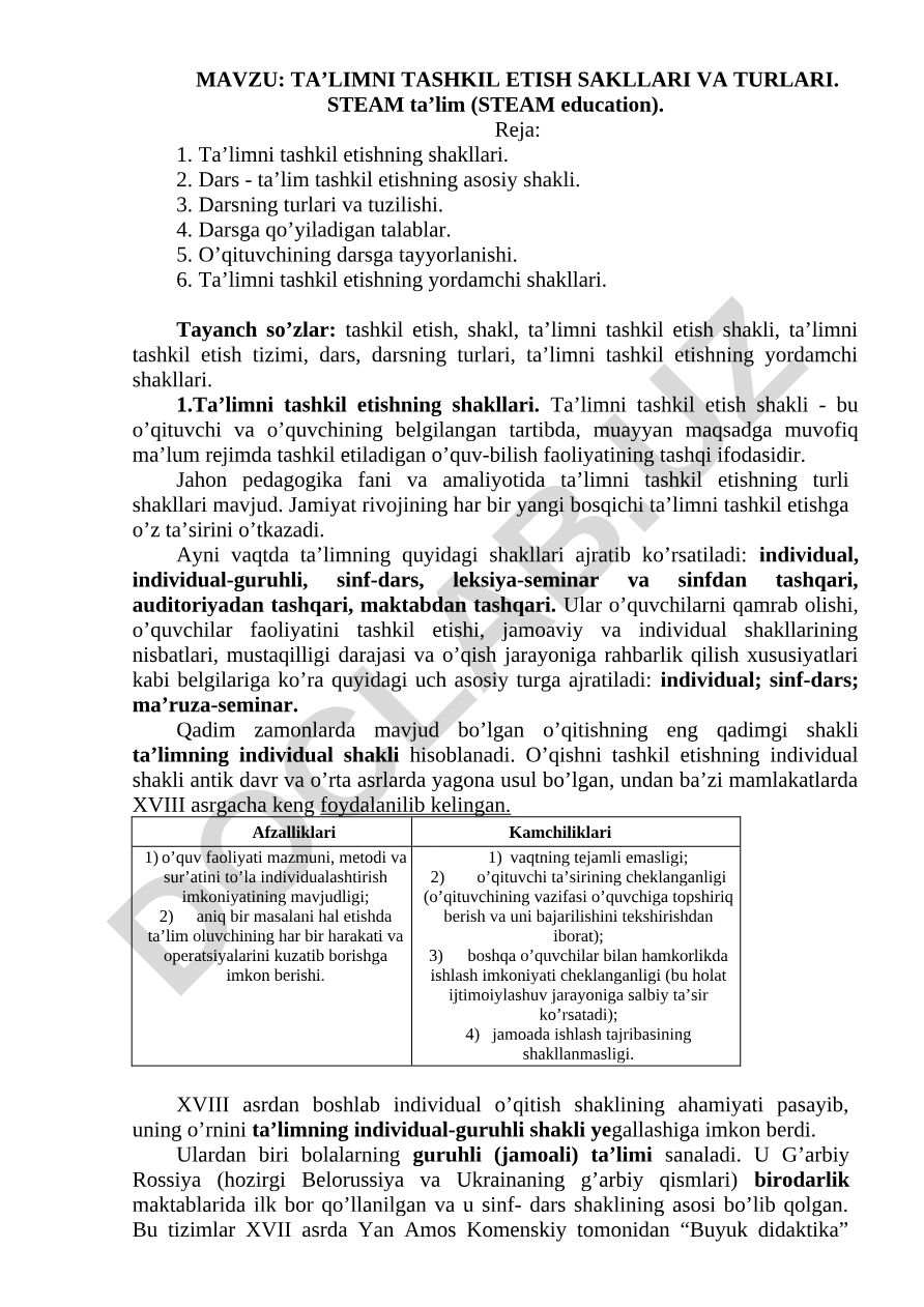 TA’LIMNI TASHKIL ETISH SAKLLARI VA TURLARI. STEAM ta’lim
