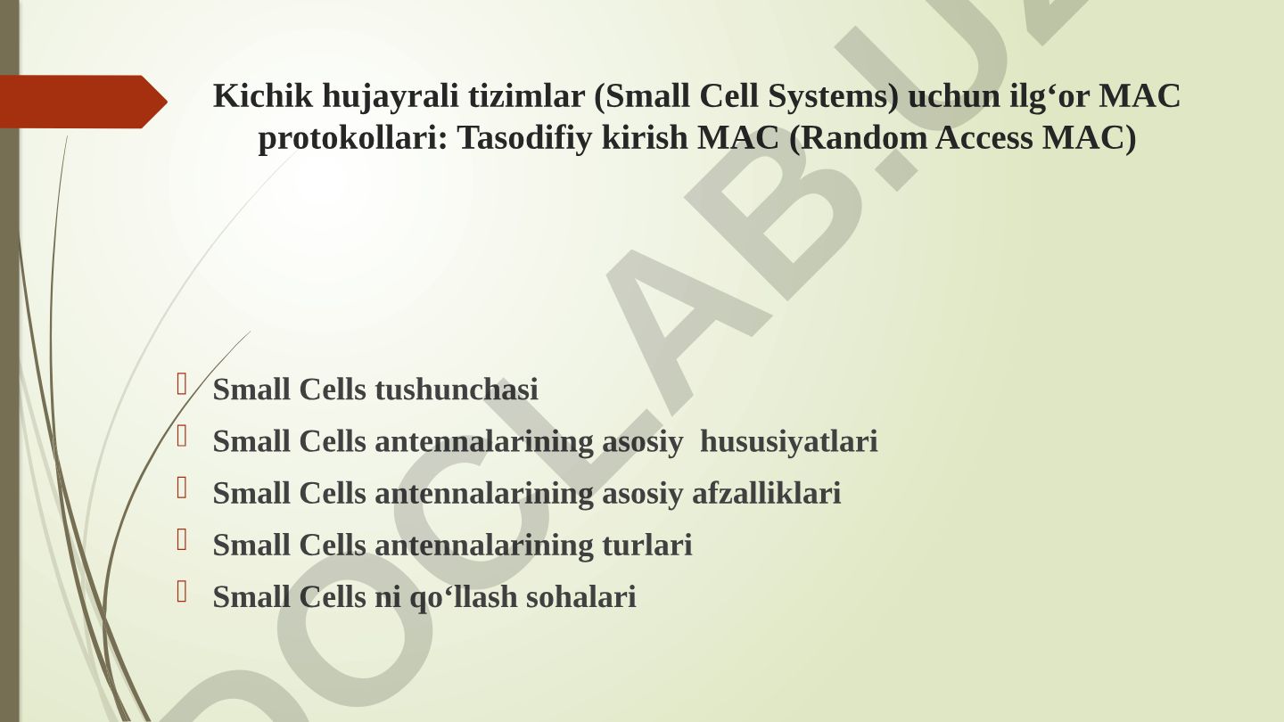 Kichik hujayrali tizimlar (Small Cell Systems) uchun ilg‘or MAC protokollari