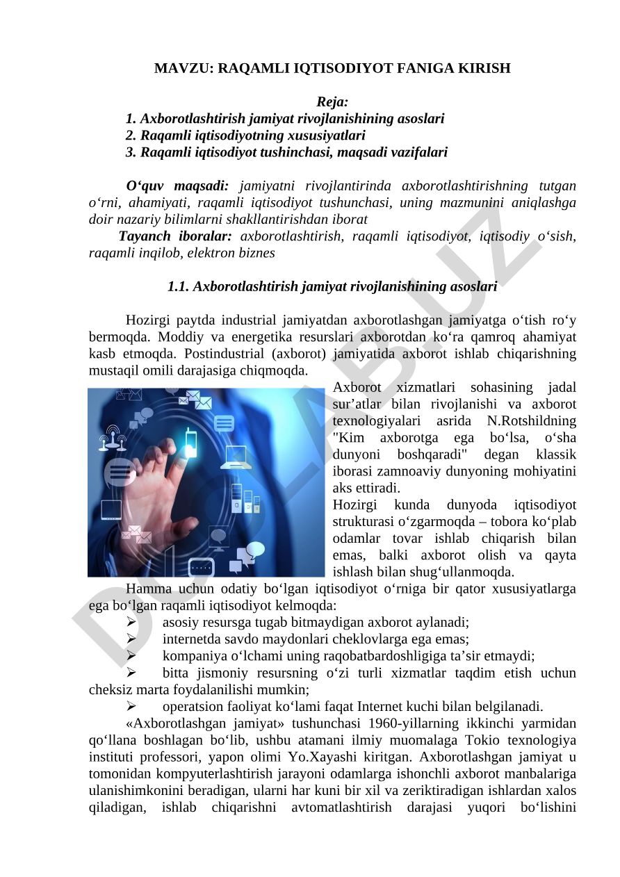 RAQAMLI IQTISODIYOT FANIGA KIRISH